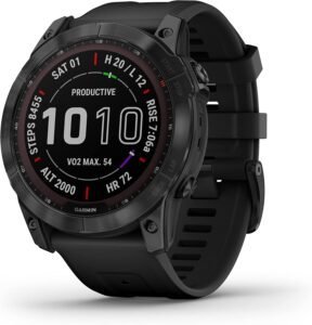 GPS-enabled Garmin smartwatch with health and activity tracking, designed for outdoor adventures and fitness enthusiasts.