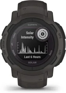 Enhanced GPS smartwatch with solar-powered features and solar intensity tracking for outdoor adventures.