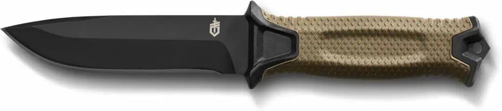 Durable tactical knife with black blade and textured tan grip for outdoor survival and camping adventures.