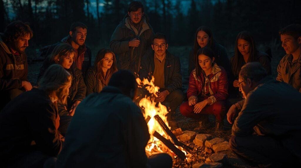 Group of preppers gathered in prayer circle around a campfire at dusk. Warm firelight, unity, strength, hope.