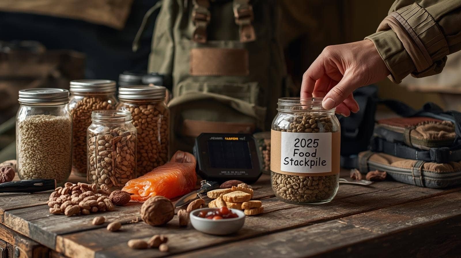 Assorted dried beans, nuts, and food supplies organized on a rustic wooden table for outdoor camping or hiking adventure.