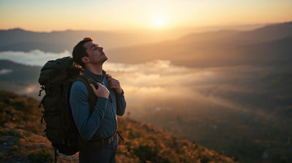 “Hiker pausing at sunrise on a mountain trail, practicing calm breathing to find stillness and clarity.”
