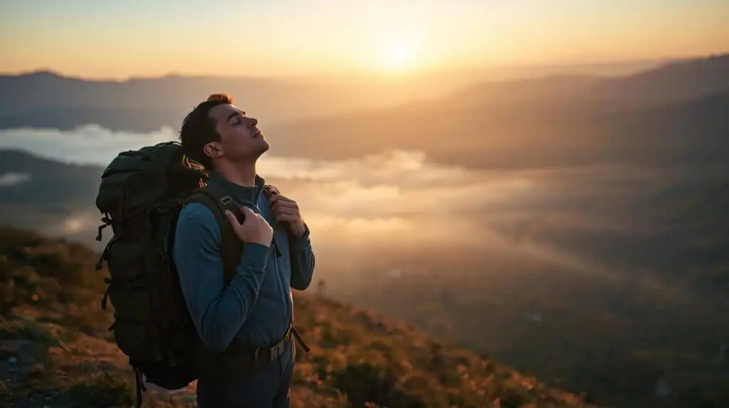 “Hiker pausing at sunrise on a mountain trail, practicing calm breathing to find stillness and clarity.”