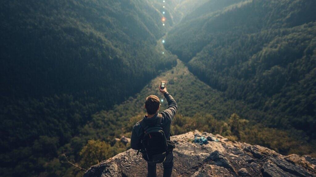 Hiker standing on a ridge holding a GPS device toward the sky to regain satellite connection.