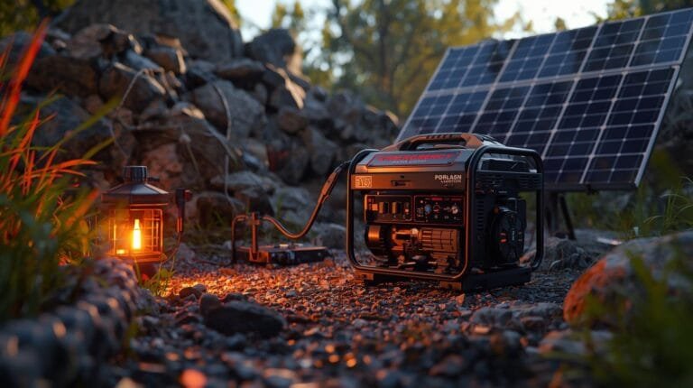 Portable solar generator powering equipment in outdoor camping setup with solar panel.