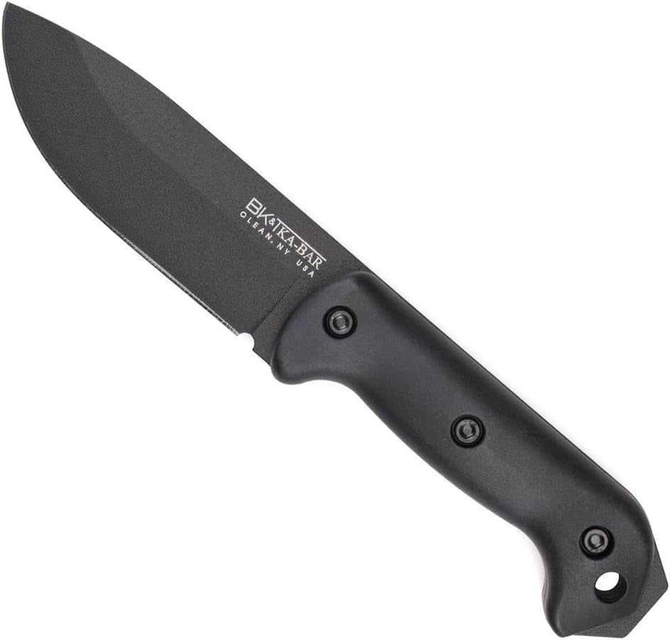 Stainless steel survival knife with black handle for outdoor camping and hiking adventures. Durable, sharp, and reliable for wilderness survival and outdoor activities.