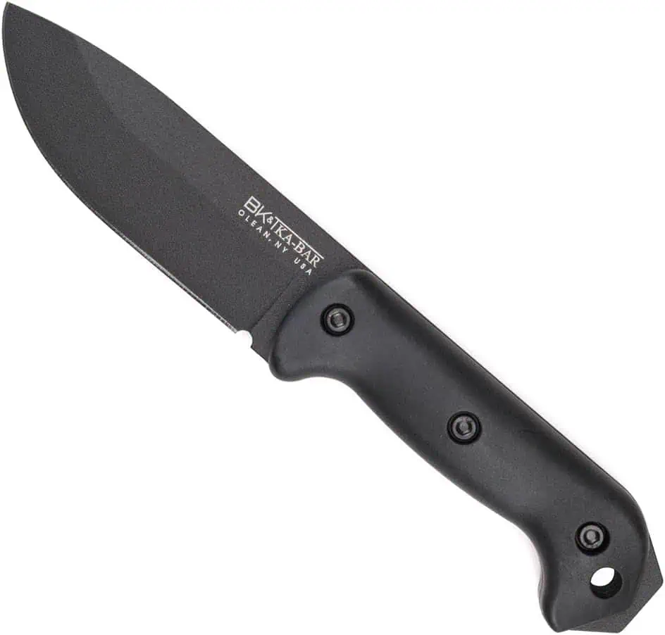 Stainless steel survival knife with black handle for outdoor camping and hiking adventures. Durable, sharp, and reliable for wilderness survival and outdoor activities.