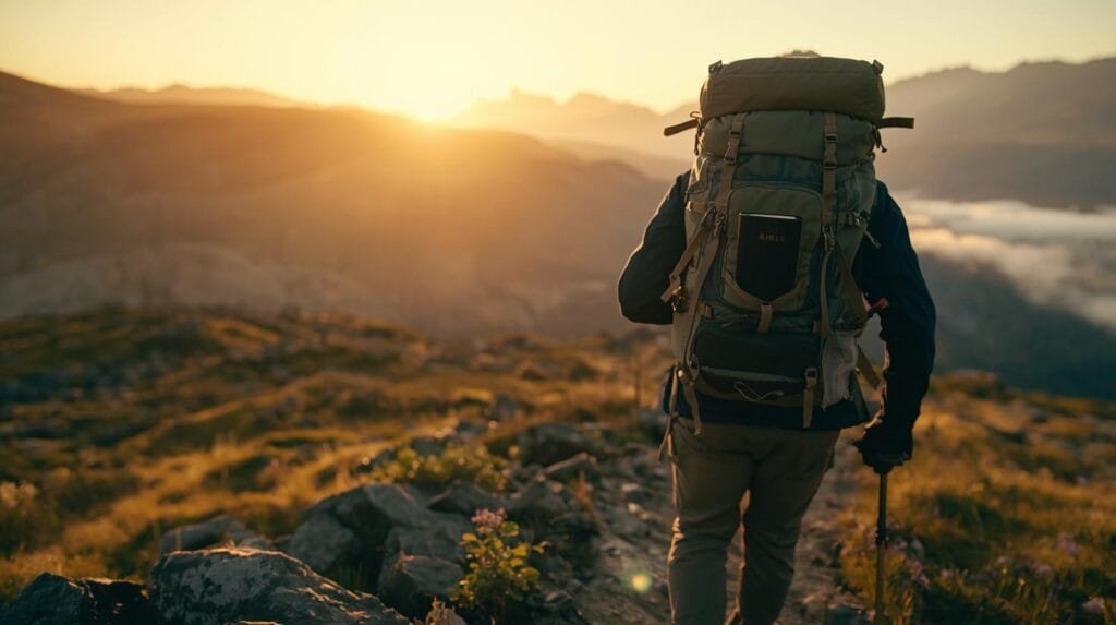 “Lone prepper hiking along a rugged mountain trail at dawn, carrying a worn backpack with a small Bible tucked into the side pocket. The sky glows with soft golden light breaking through morning mist. Visual tone: hopeful, rugged, faith-driven. Text overlay space at top: Building Spiritual Endurance for Preppers. Style: cinematic, realistic, warm contrast with earthy tones (olive greens, browns, golden sunrise). Mood: perseverance, calm strength, quiet faith in motion.”