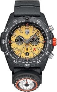Luminox Navy SEAL watch with yellow dial, chronograph features, and durable black strap, perfect for adventure and outdoor activities.