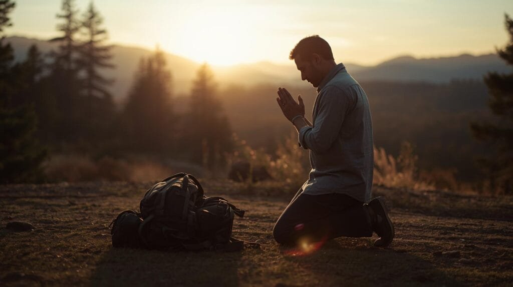 Kneeling man praying during sunset in mountain wilderness with backpack, outdoor adventure, spiritual reflection, peaceful nature scene, and travel expedition.
