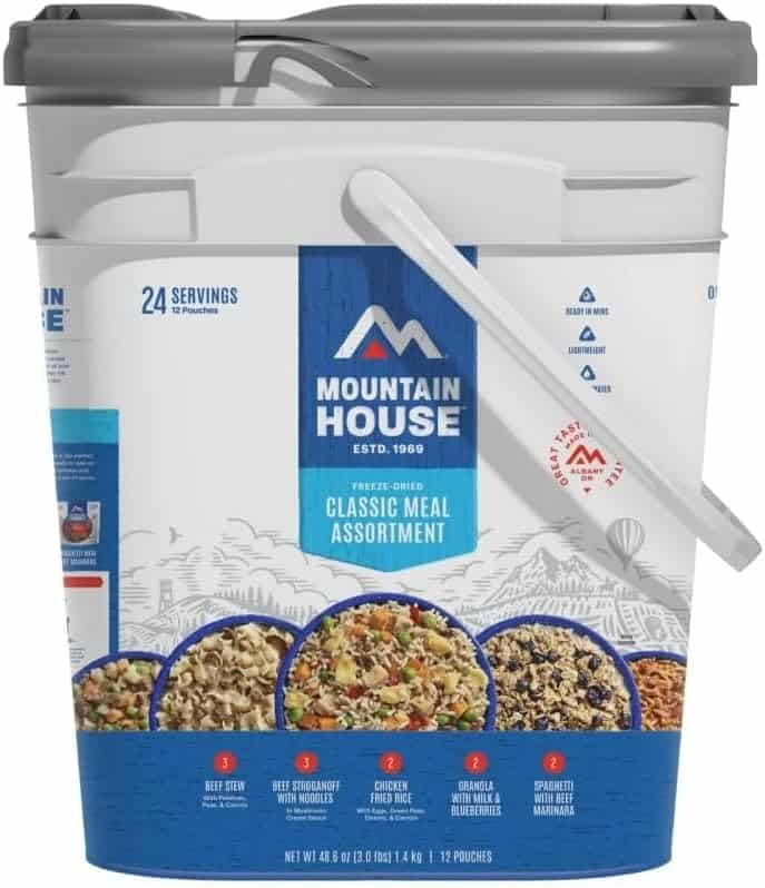 Mountain house classic meal assortment freeze-dried camping food, ready-to-eat emergency rations for hiking, backpacking, outdoor adventures.