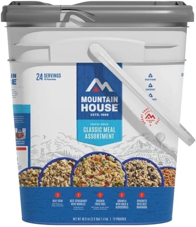 Mountain house classic meal assortment freeze-dried camping food, ready-to-eat emergency rations for hiking, backpacking, outdoor adventures.