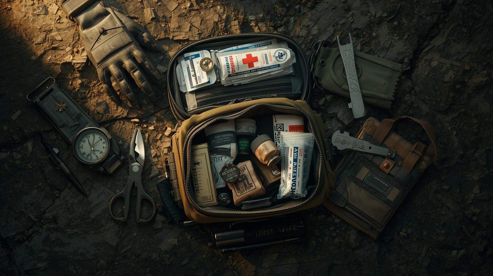 Emergency first aid kit and survival gear for outdoor adventures, including medical supplies, multi-tools, and a wristwatch, on rugged terrain.