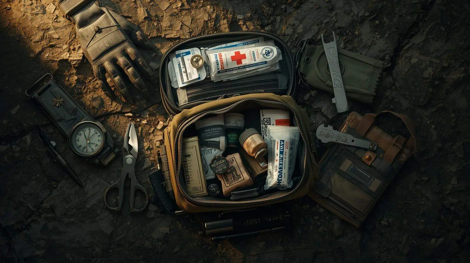 Emergency first aid kit and survival gear for outdoor adventures, including medical supplies, multi-tools, and a wristwatch, on rugged terrain.
