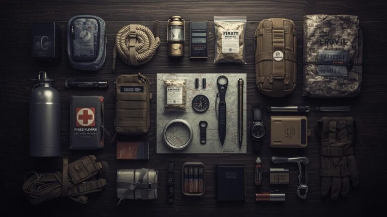 Essential camping and outdoor survival gear arranged on a dark wooden surface, including backpacks, first aid kit, tools, and navigation equipment for adventure travel.