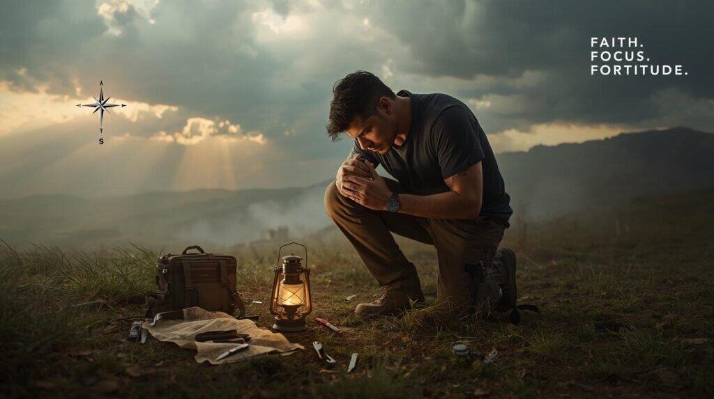 Prepper praying beside camp lantern and survival gear after a storm, symbolizing faith and calm preparedness — Adventure Wiser imagery.