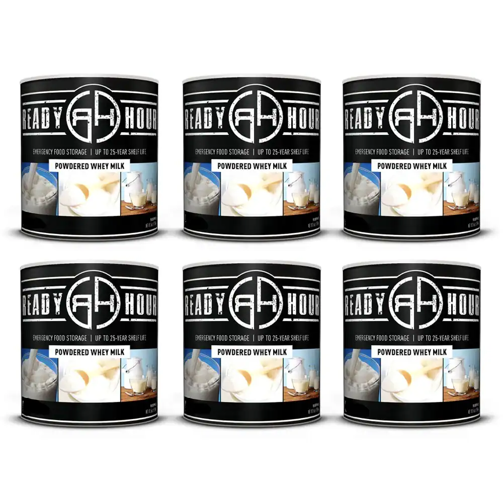 High-quality powdered whey milk in bulk cans for emergency food storage, long shelf life up to 25 years, perfect for survival kits, camping, and outdoor adventures.