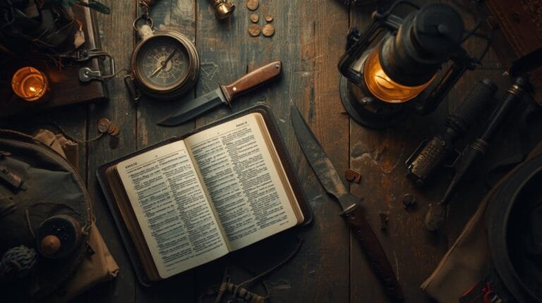 A collection of outdoor adventure gear on a rustic wooden table, including a compass, utility knife, lantern, binoculars, backpack, map, and various survival tools, ideal for hiking, camping, or wilderness exploration.