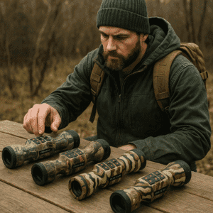 Binoculars with camouflage design, outdoor adventure gear, wilderness exploration tools, rugged optics, hunting or wildlife watching accessories.