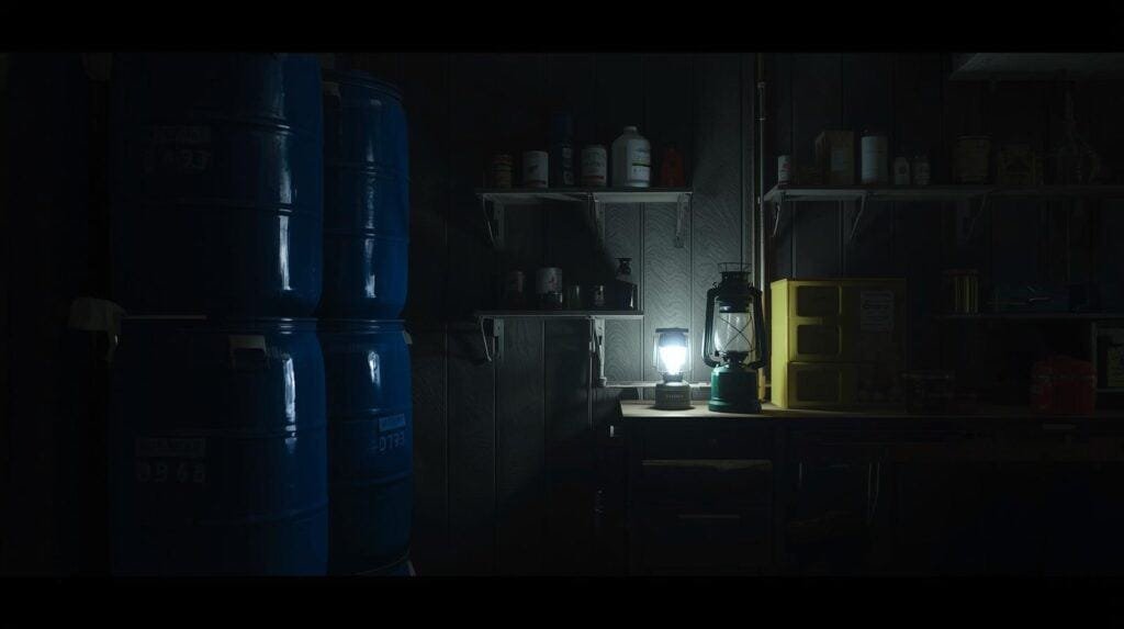 Blue water barrels stored in a shed with shelves holding chemicals and supplies, illuminated by a lantern, ready for outdoor adventure or camping.