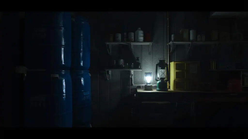 Blue water barrels stored in a shed with shelves holding chemicals and supplies, illuminated by a lantern, ready for outdoor adventure or camping.