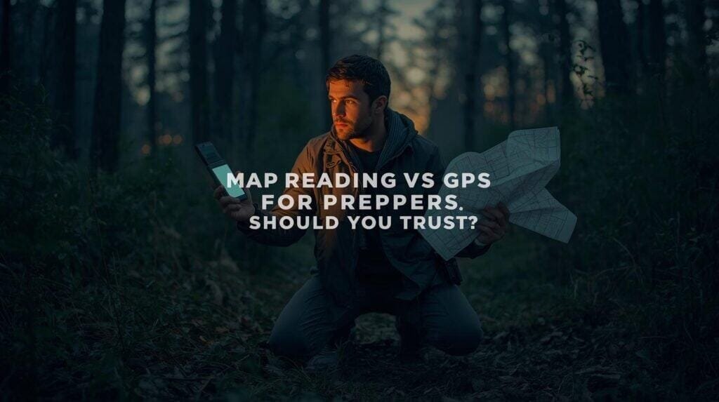 High-quality digital photograph of a male hiker with a map and smartphone in a forest during dusk, emphasizing outdoor navigation tools for preppers.