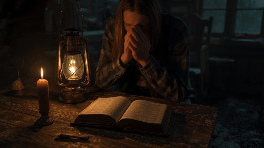 Prepper praying beside lantern and open Bible on a wooden table in a dim cabin. Candlelight glow, moody yet hopeful tone