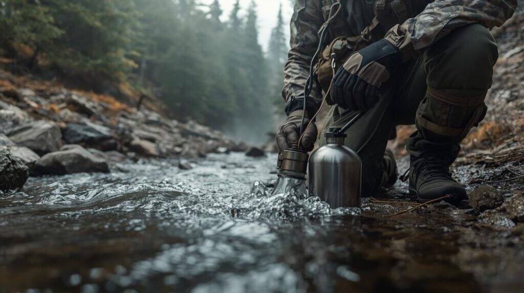 Cold water purification in the wilderness using portable water filters during outdoor adventure and camping.