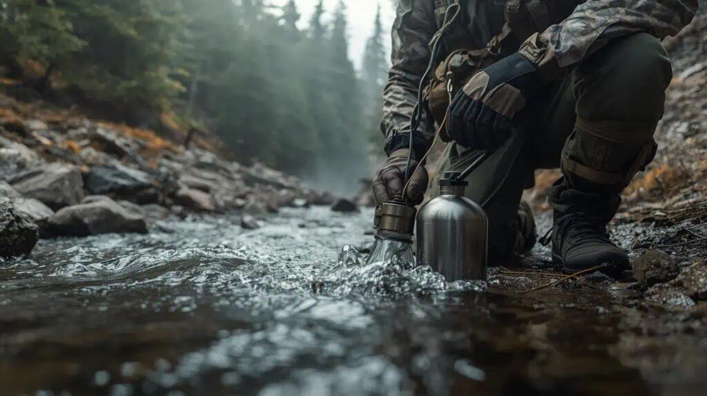 Cold water purification in the wilderness using portable water filters during outdoor adventure and camping.