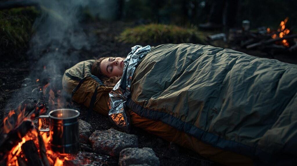 Prepper wrapped in a reflective emergency blanket beside a campfire in the woods, showcasing essential survival gear for warmth and shelter in cold conditions