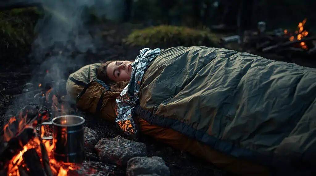 Prepper wrapped in a reflective emergency blanket beside a campfire in the woods, showcasing essential survival gear for warmth and shelter in cold conditions