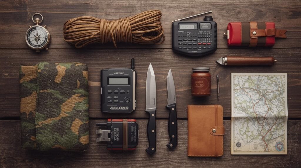 Enhanced outdoor survival gear and equipment for adventure travel and hiking, including compass, rope, radio, knives, fire starter, map, and accessories.