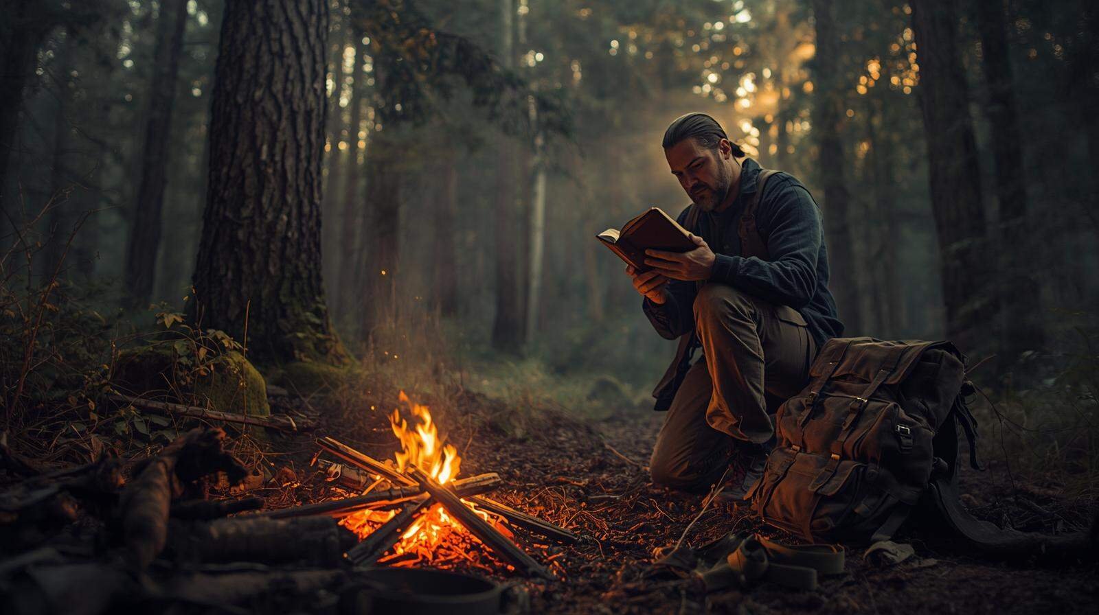 K9nUt7GVYo4.jpg, a man reading a book by a campfire in the forest during sunset, showcasing adventure travel, survival skills, outdoor exploration, and nature experience, ideal for adventure and wilderness enthusiasts.