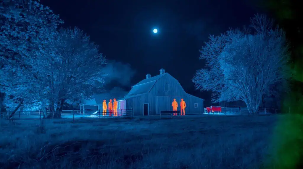 “Homestead seen through thermal overlay showing human heat signatures — real-world thermal imaging example for preppers.”