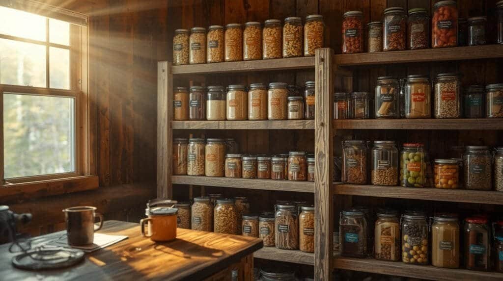 “Rustic prepper pantry filled with jars of rice, beans, oats, dehydrated fruit, and canned meats neatly labeled and stacked on wooden shelves. Natural sunlight streaming through a cabin