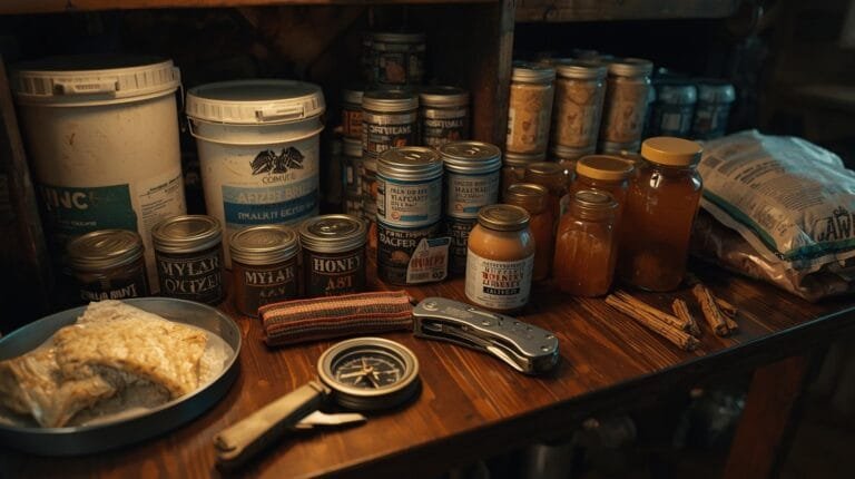 High-resolution image of outdoor survival supplies and food storage on a wooden table, including jars, canned goods, a compass, and a multi-tool, perfect for adventure preparedness and wilderness exploration.