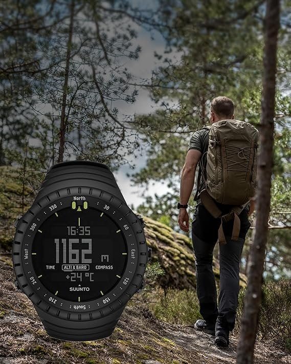 High-tech hiking watch digital display showing altitude, compass, and weather in a forest setting, ideal for outdoor adventurers seeking reliable outdoor gear.