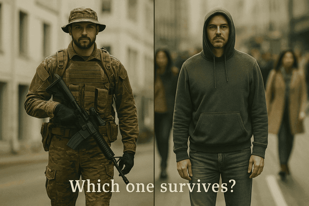 Armed soldier in tactical gear holding rifle, contrasted with unarmed man in hoodie on city street, survival skills comparison, urban resilience, adventure survivor theme, outdoor adventure inspiration.
