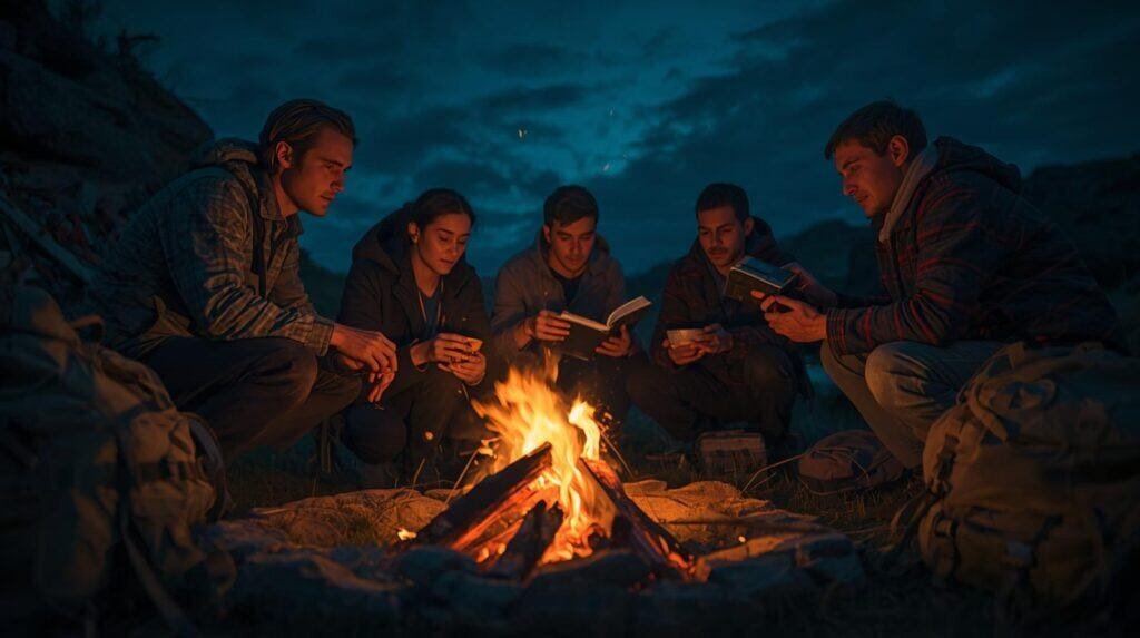 Fireside camping with five hikers reading books during a nighttime outdoor adventure in a mountainous wilderness setting.