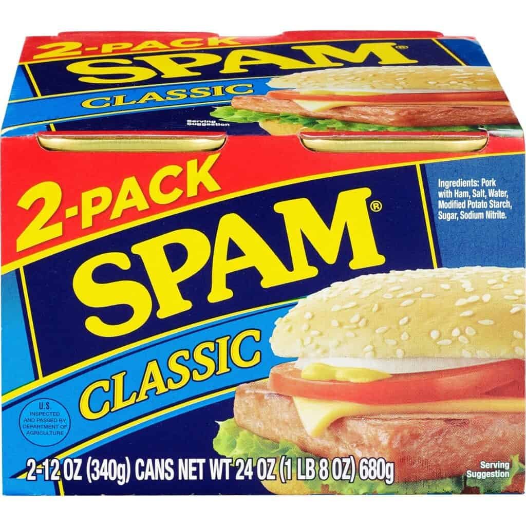 2. Canned Spam Classic 2-pack, ready for sandwiches or recipes, with visible ham and cheese on the packaging.