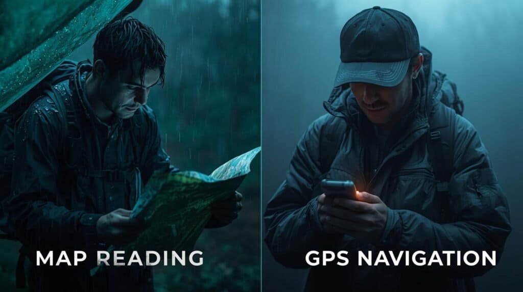 Split image comparing a hiker reading a paper map in rain and a prepper using GPS in fog.