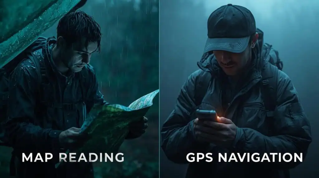 Split image comparing a hiker reading a paper map in rain and a prepper using GPS in fog.