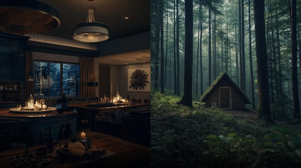 Split image: luxury modern home on one side, primitive shelter in woods on the other — captioned “Comfort vs Capability.” Strong contrast lighting.