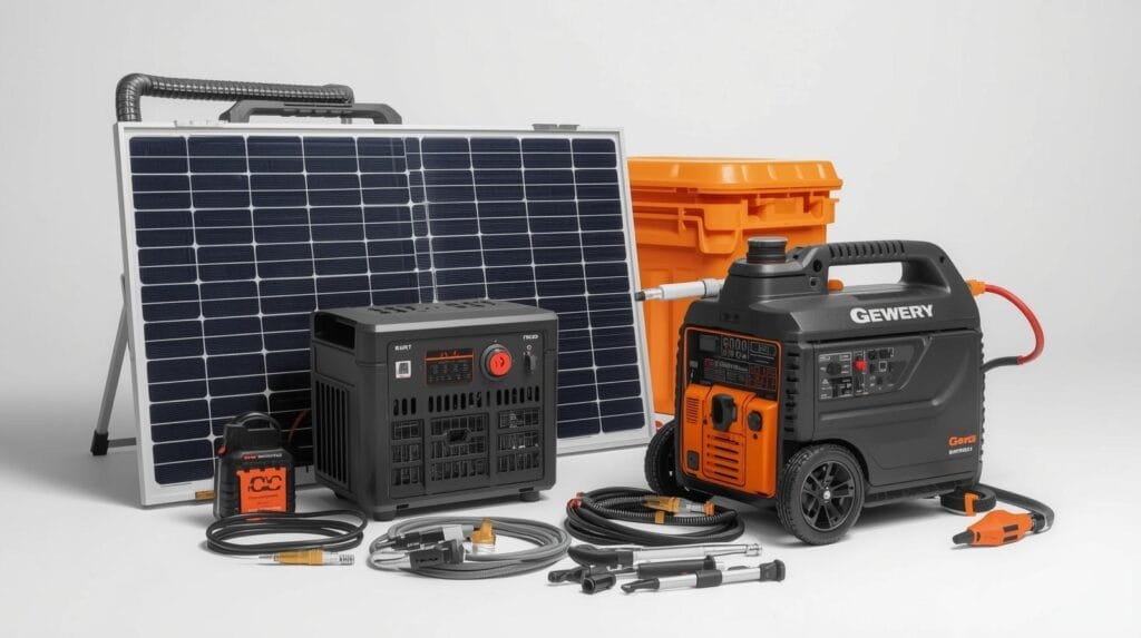 Portable solar power generator kit with solar panel, inverter, cables, and accessories for outdoor camping, emergency backup, and off-grid energy solutions.