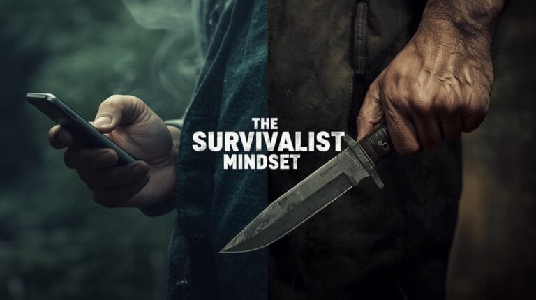A man holding a smartphone in one hand and a large survival knife in the other, with the text "The Survivalist Mindset" overlaid; outdoor adventure and preparedness concept.
