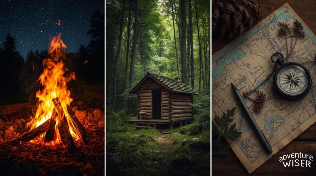 Collage of core survival skills: firecraft, shelter building, and navigation.