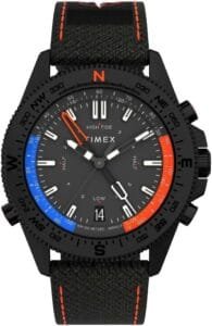 Timex wristwatch with a rugged black strap, multi-function chronograph, and time gauge, suitable for outdoor adventures and water activities.