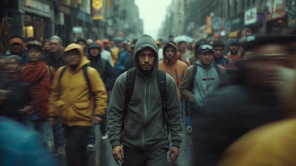 Crowded urban street with people wearing rain jackets, in gloomy weather, young man in gray hoodie walking through crowd, city life, travel, urban exploration, diverse pedestrians, adventure seeker, city adventure, outdoor exploration, travel photography, busy city scene, adventure lifestyle.