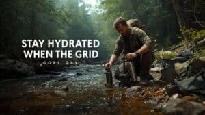 Water-resistant outdoor hydration gear for camping and hiking, man filling water bottle by stream in forest, Adventure Wiser outdoor adventure gear.