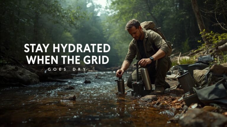 Water-resistant outdoor hydration gear for camping and hiking, man filling water bottle by stream in forest, Adventure Wiser outdoor adventure gear.